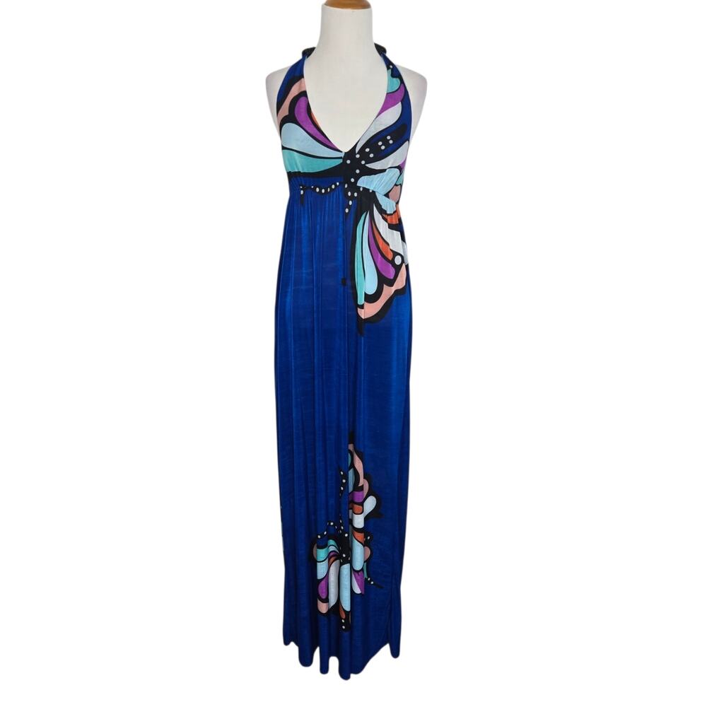 Boho Butterfly Print Maxi Dress Women Babydoll Halter Resort Summer Blue Medium